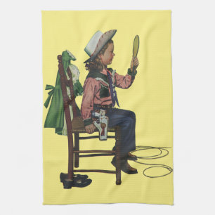 Vintage meisje cowgirl die in de spiegel kijkt Ze Theedoek