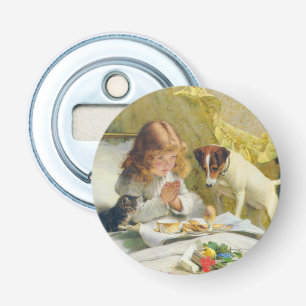 Vintage Meisje dat bidt met Kat & Hond Kunst Suspe Button Flesopener