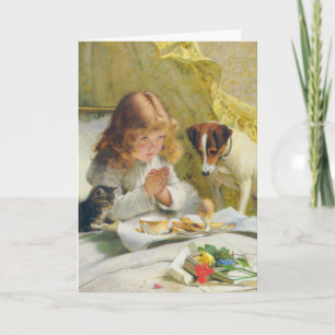 Vintage Meisje dat bidt met Kat & Hond Kunst Suspe Feestdagen Kaart