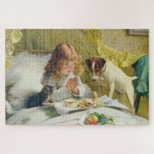 Vintage Meisje dat bidt met Kat & Hond Kunst Suspe Legpuzzel