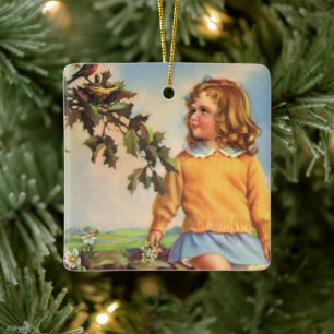 Vintage meisje dat vogels in een boom bekijkt, len keramisch ornament