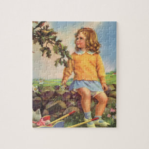 Vintage meisje dat vogels in een boom bekijkt, len legpuzzel
