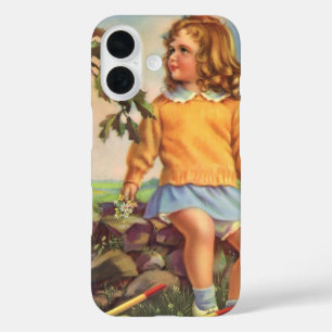 Vintage Meisje dat Vogels in een Boom Kijkt, Lente iPhone 16 Hoesje