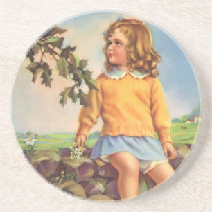 Vintage Meisje dat Vogels in een Boom Kijkt, Lente Zandsteen Onderzetter