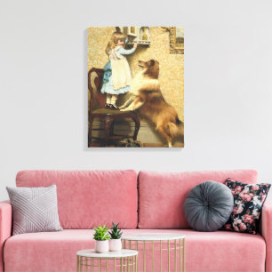Vintage Meisje en Sheltie Hond Kunst Geheim Plek Canvas Afdruk