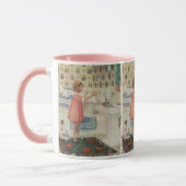 Vintage meisje, kind doet de was en hangt kleren o mok (Links)