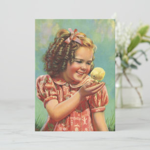 Vintage meisje met baby kuiken, gelukkig kind lach