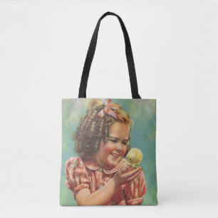 Vintage meisje met baby kuiken, gelukkig kind lach draagtas