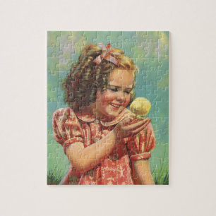 Vintage meisje met baby kuiken, gelukkig kind lach legpuzzel