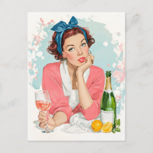 Vintage Meisje met Roze Champagne Briefkaart