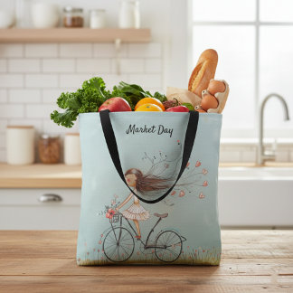 Vintage Meisje op Fiets Bloemen Markt Draagtas