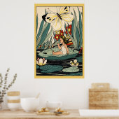 Vintage meisje op waterlelie bloemen, vlinder post poster (Keuken)
