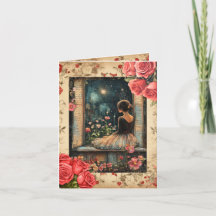 Vintage Meisje Valentijnskaart Plat Kerstkaart