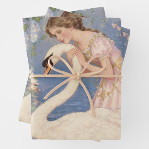 Vintage Meisje & Zwaan Kunst Inpakpapier Vel