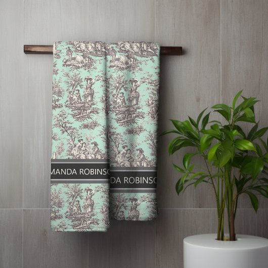 Vintage menthe noire toile de jouy imprimée