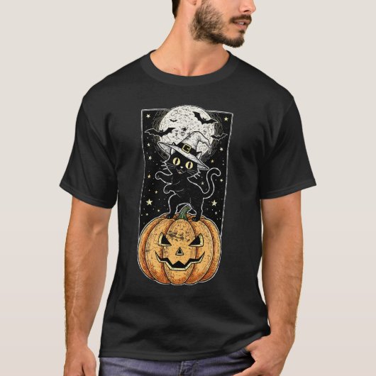 Vintage Meowloween Cat and Pumpkin T-Shirt – Retro (Devant)