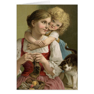 Vintage Mère, enfant, chat, Fête des mères tricots