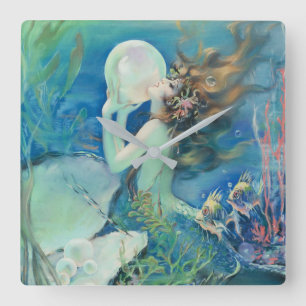 Vintage Mermaid w Pearl Nautical Ocean Nautical Vierkante Klok