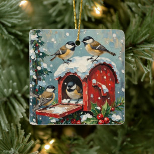Vintage Mezen op Besneeuwde Kerstbriefbus Keramisch Ornament