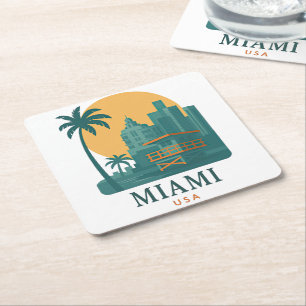 Vintage Miami USA – Retro strand skyline Vierkante Kartonnen Onderzetter