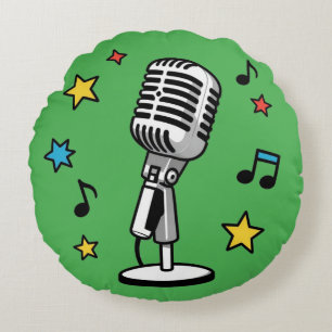 Vintage Microfoon Muziek Noten Retro Zang Ontwerp Rond Kussen