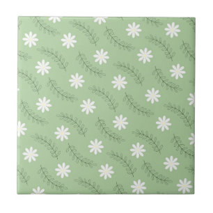 Vintage Midden Eeuw Groen Wit Bloem Motief Tegeltje