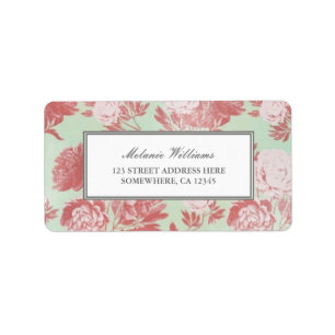 Vintage Mint Coral Peonies Floral Adresetiketten Etiket