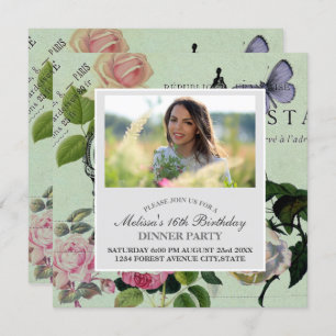 Vintage Mint French Pink Rose Paris Party Kaart