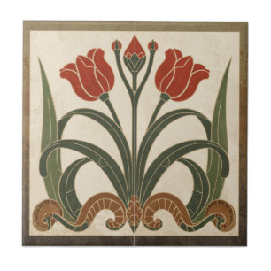 Vintage Mission Style Rode Tulp Fries Tegeltje