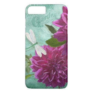 Vintage Moderne dragonfly w Paars Dahlia Flowers iPhone 8 Plus / 7 Plus Hoesje