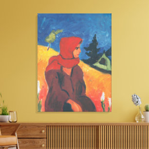 Vintage Modernistische Dorpsmeisje met Rode Sjaal Canvas Afdruk