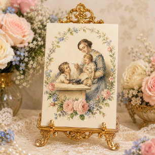 Vintage Moeder en Kind Rozen Bloemstuk Kaart