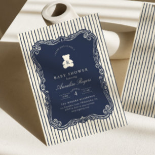 Vintage Monogram Navyblauwe Teddibeer Baby Shower Kaart