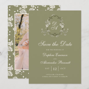 Vintage Monogram Sage Groene Botanische Save The Date