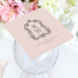 Vintage Monogram Wapenstempel Namen Roze Trouwdag Vierkante Kartonnen Onderzetter