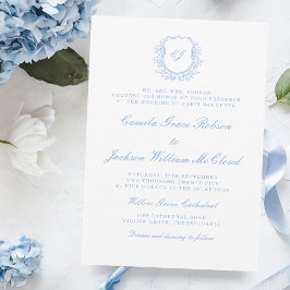 Vintage Monogram White and Dusty Blue Wedding  Kaart