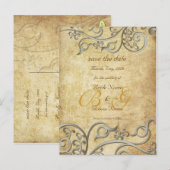 Vintage, monogram zilveren wervelingen/lila aankondigingskaart (Voorkant / Achterkant)