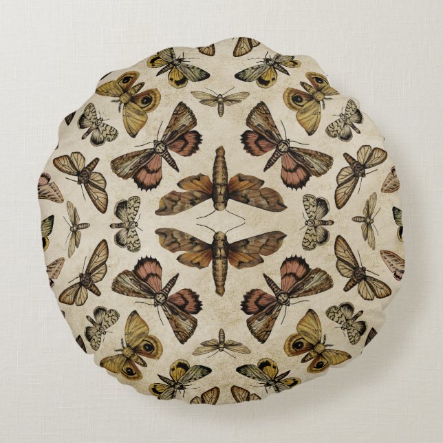 Vintage Moths Round Coussin (Dos)