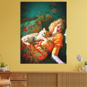 Vintage Muur Kunst van Vrouw en Kat – Romantische  Canvas Afdruk