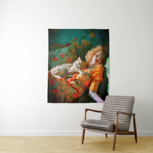 Vintage Muur Kunst van Vrouw en Kat – Romantische  Wandkleed