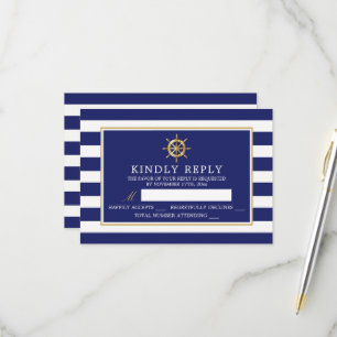 Vintage Nautical Gouden Wiel, Marineblauw & Gouden RSVP Kaartje