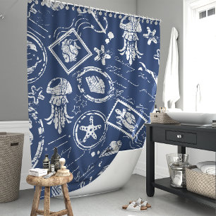 Vintage Navy Blauwe Zee Stempel Douchegordijn