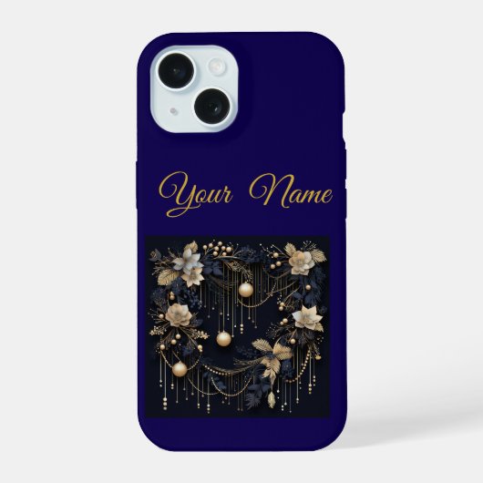 Vintage Navy Blue & Gold Christmas iPhone 15 Slim  (Verso)