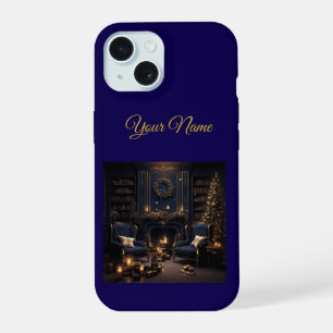 Vintage Navyblauw & Goud Kerst iPhone 15 Slim Hoes Hoesje