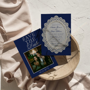 Vintage Navyblauw Kant Foto Fancy Bruiloft Save The Date