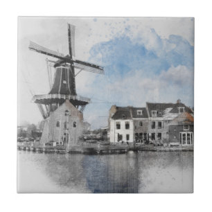 Vintage Nederland Windmolen Keramische Tegel Neder Tegeltje