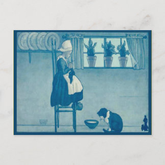 Vintage Nederlands kind die thuis breien Briefkaart