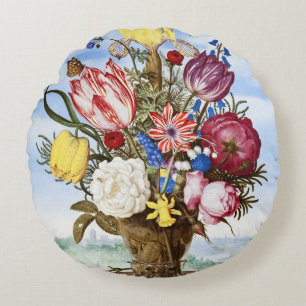 Vintage Nederlandse Gouden Eeuw Bloemstuk Stilleve Rond Kussen