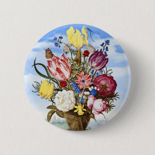 Vintage Nederlandse Gouden Eeuw Bloemstuk Stilleve Ronde Button 5,7 Cm