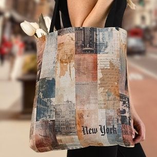 Vintage New York Stedelijke Collage Kunst Draagtas